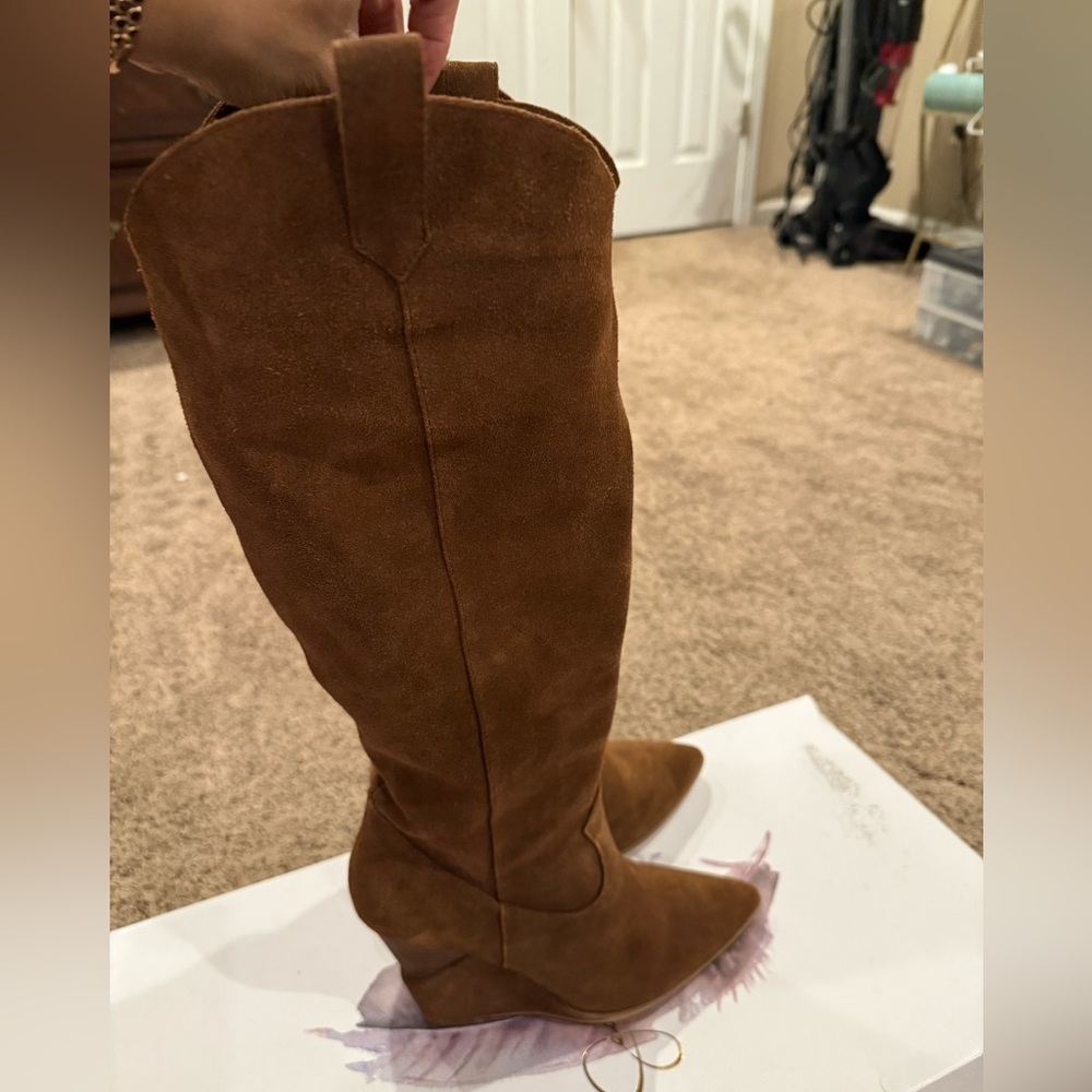 Jessica Simpson Havrie knee high wedge boot. Beautiful cognac/tobacco suede.